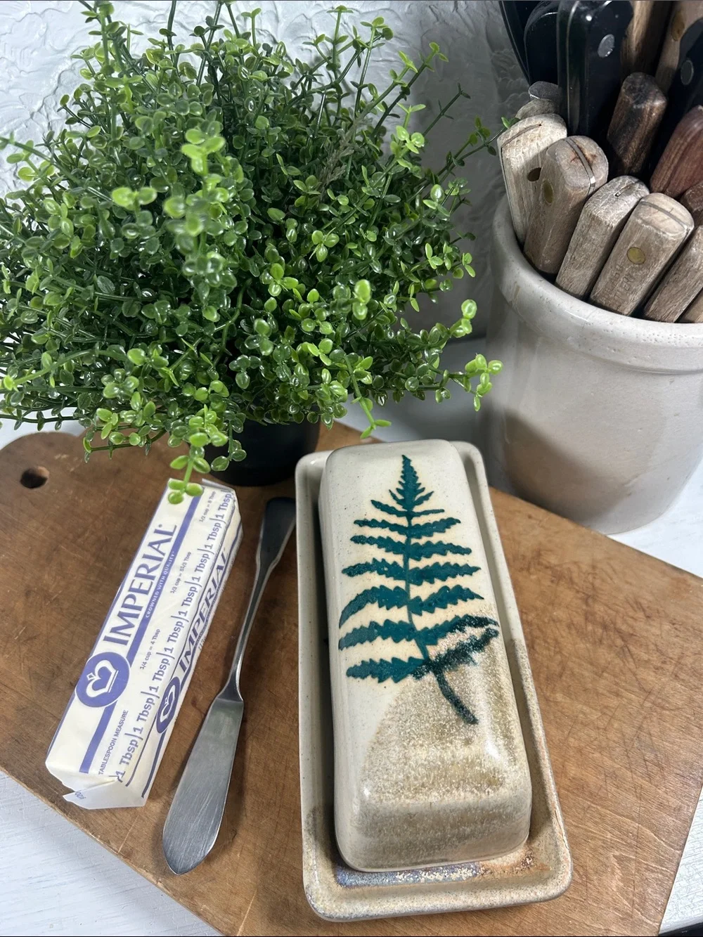Stoneware Butter Dish Studio Pottery Handmade w/ Green Fern Motif Artist Signed